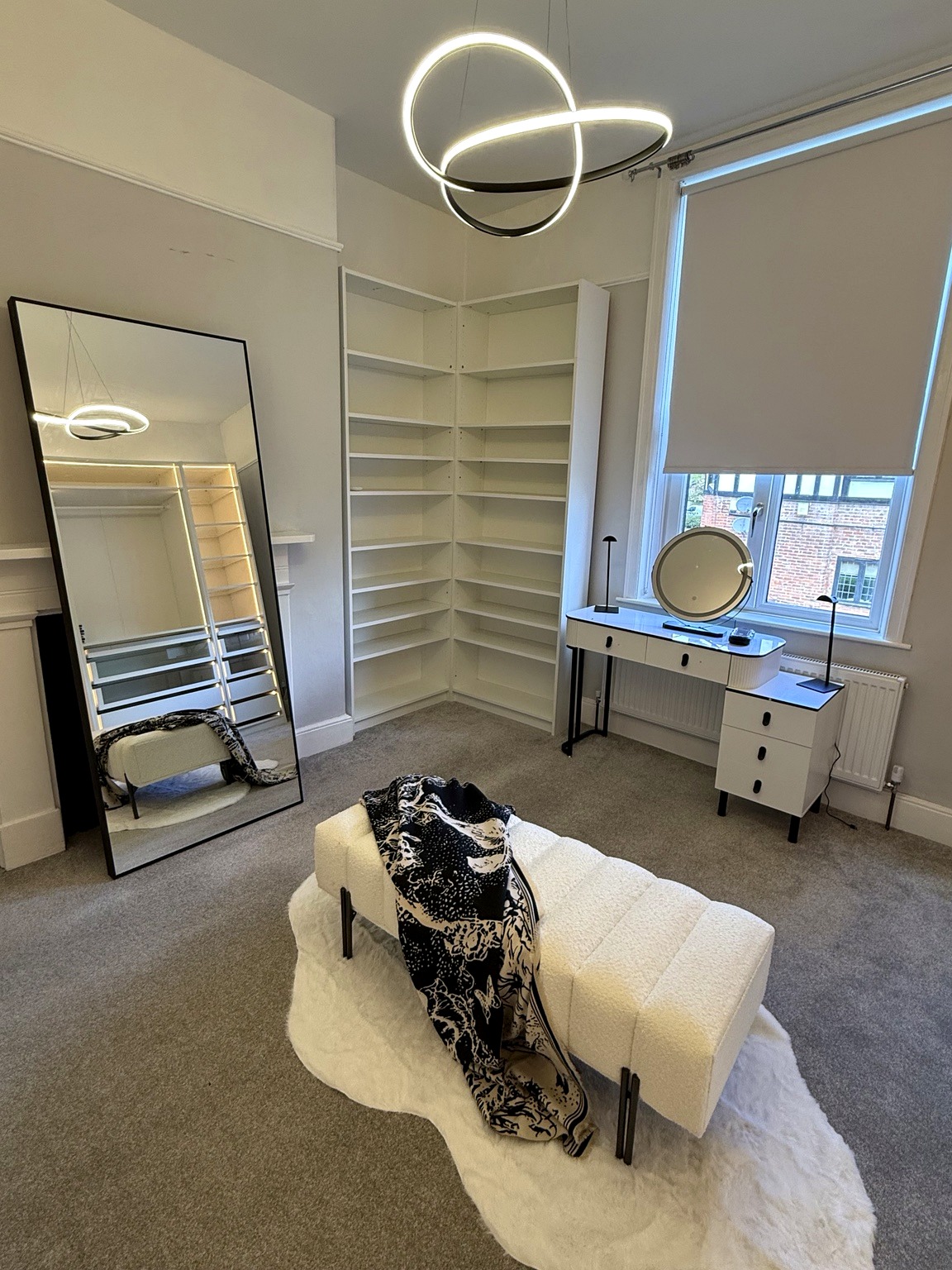 Custom shelving and dressing room layout